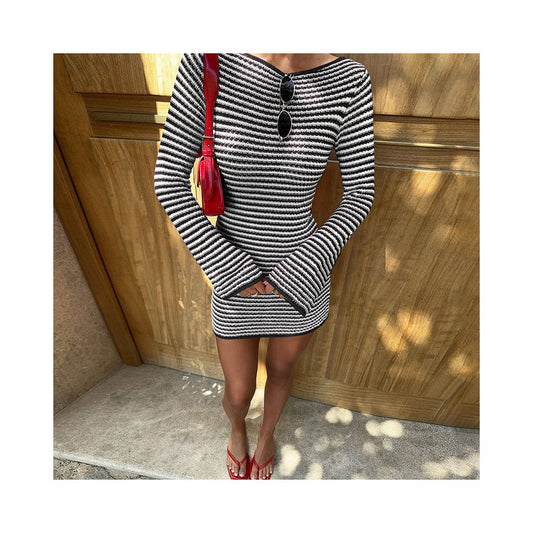 Shemoda Fashion Round Neck Striped Printed Knitted Sweater Long Sleeve Dress for Women High Waist Slim Fit Hip hugging Short Skirt