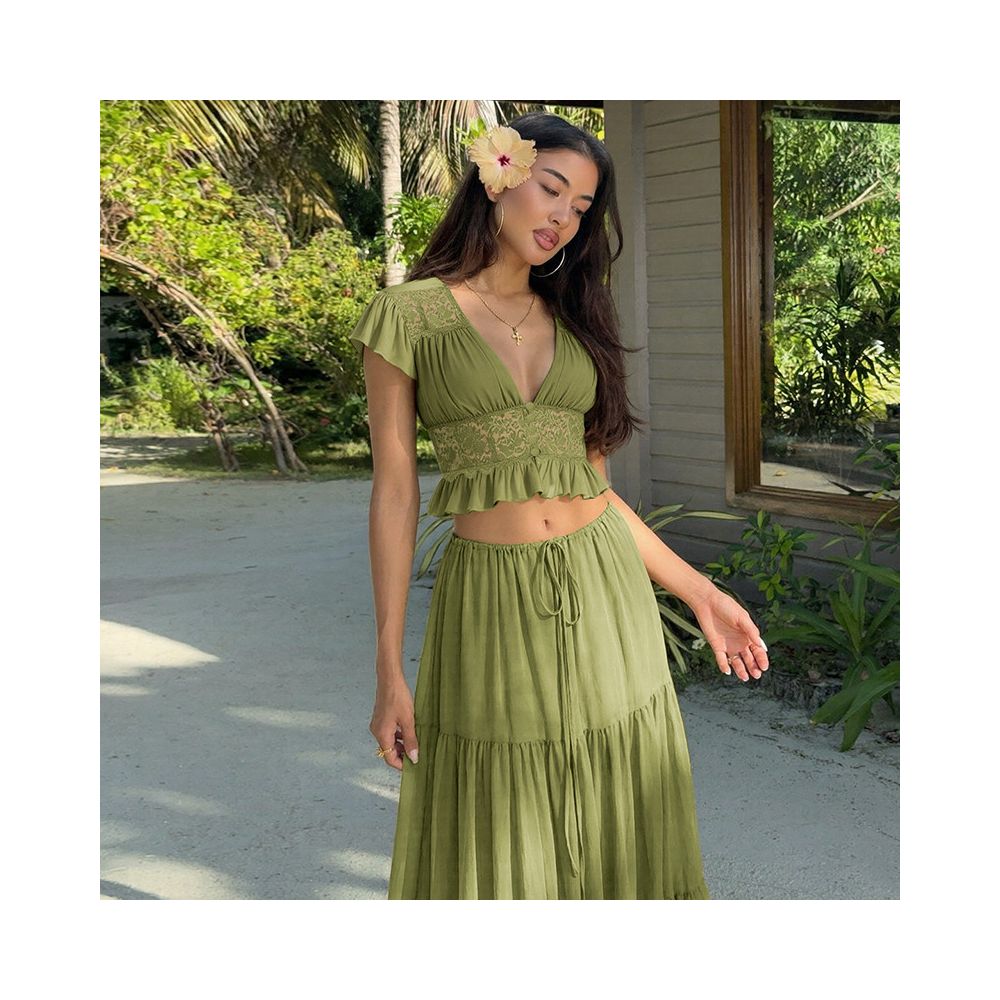 Shemoda French Holiday Chiffon Lace V neck Short sleeved Top Splicing Drawstring Waist Skirt Two Piece Set image 2