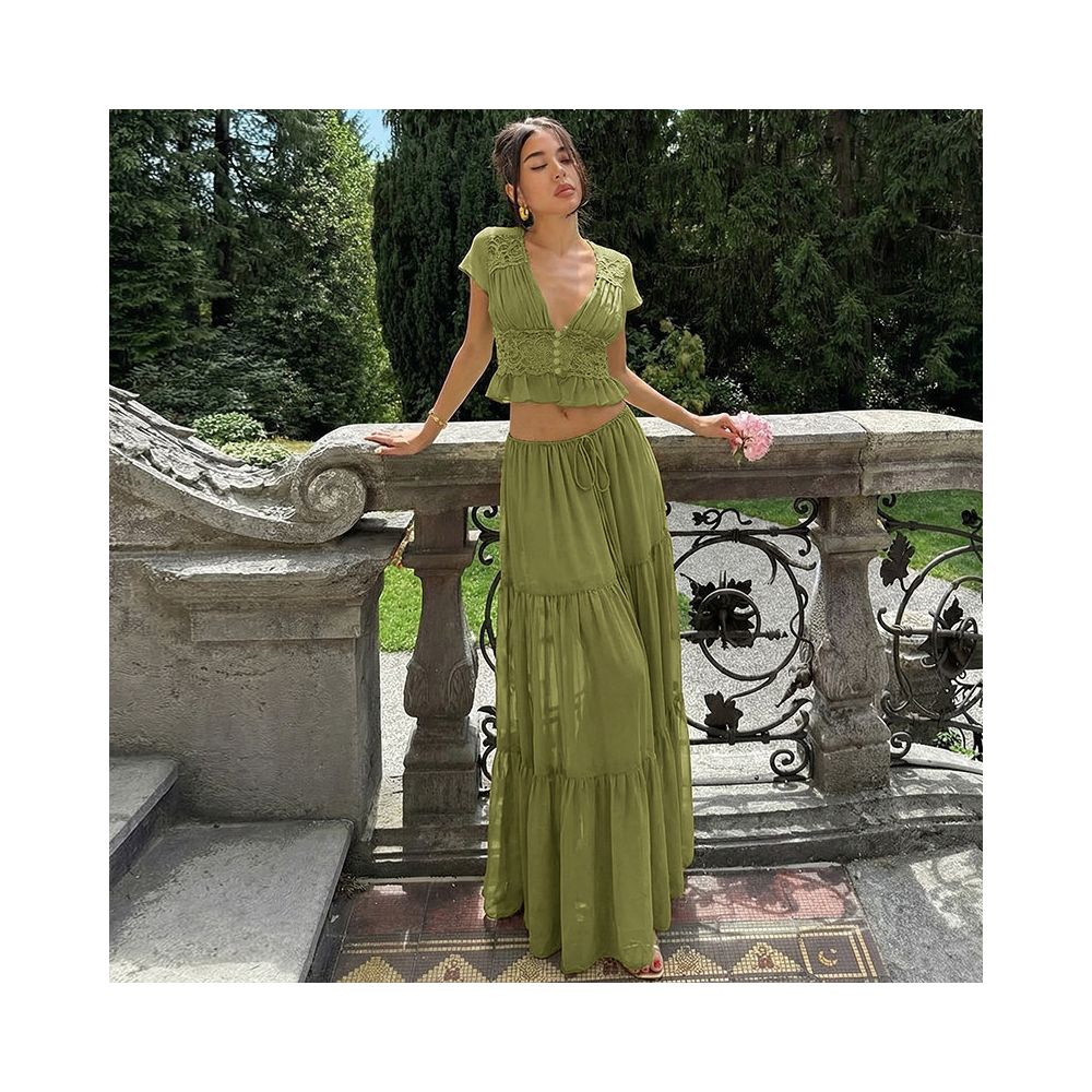 Shemoda French Holiday Chiffon Lace V neck Short sleeved Top Splicing Drawstring Waist Skirt Two Piece Set image 3