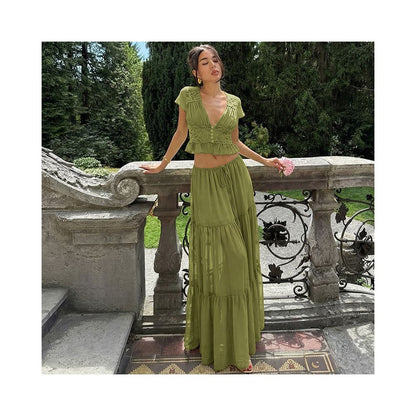 Shemoda French Holiday Chiffon Lace V neck Short sleeved Top Splicing Drawstring Waist Skirt Two Piece Set image 3