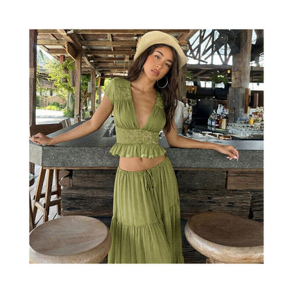 Shemoda French Holiday Chiffon Lace V neck Short sleeved Top Splicing Drawstring Waist Skirt Two Piece Set image 4