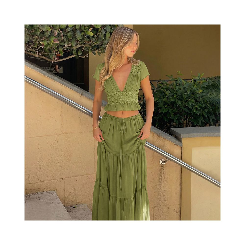 Shemoda French Holiday Chiffon Lace V neck Short sleeved Top Splicing Drawstring Waist Skirt Two Piece Set image 0