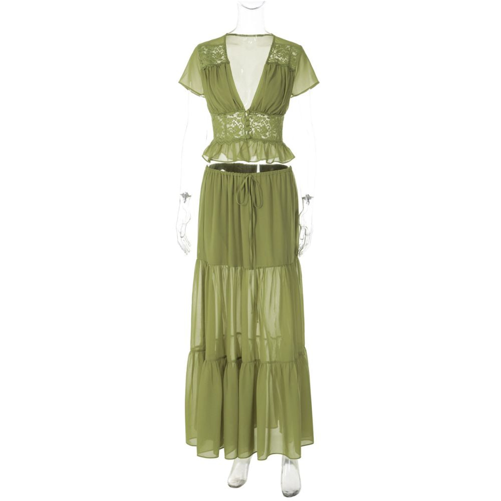Shemoda French Holiday Chiffon Lace V neck Short sleeved Top Splicing Drawstring Waist Skirt Two Piece Set