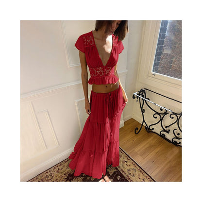 Shemoda French Holiday Chiffon Lace V neck Short sleeved Top Splicing Drawstring Waist Skirt Two Piece Set