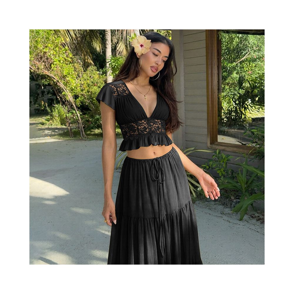 Shemoda French Holiday Chiffon Lace V neck Short sleeved Top Splicing Drawstring Waist Skirt Two Piece Set
