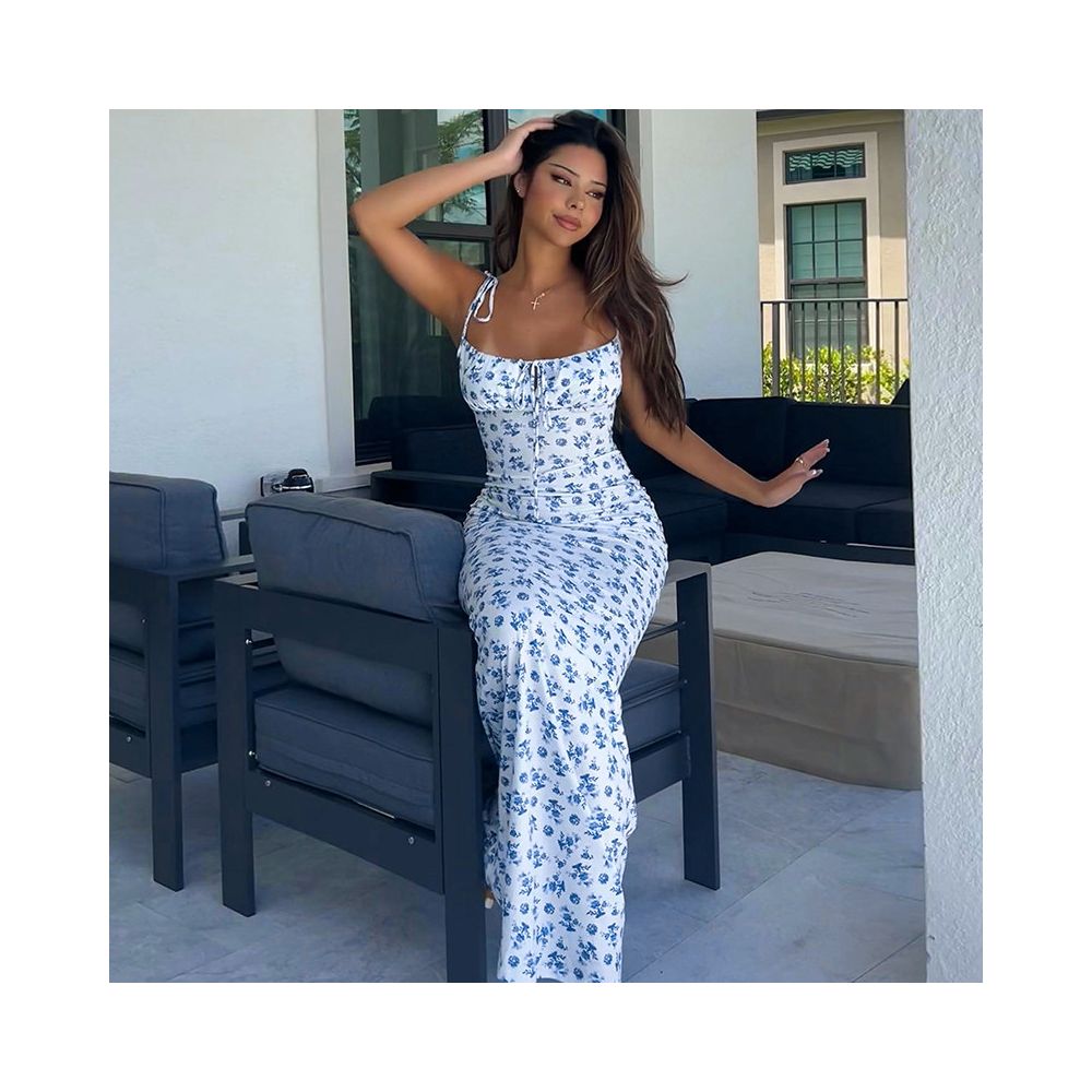 Shemoda European and American Ins rope floral suspender dress for women in summer high waist slim fit and slimming fish tail long skirt image 2