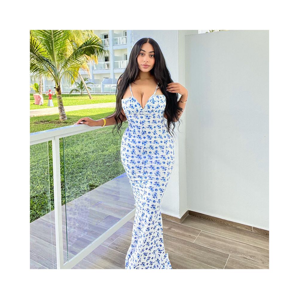 Shemoda European and American Ins rope floral suspender dress for women in summer high waist slim fit and slimming fish tail long skirt image 4