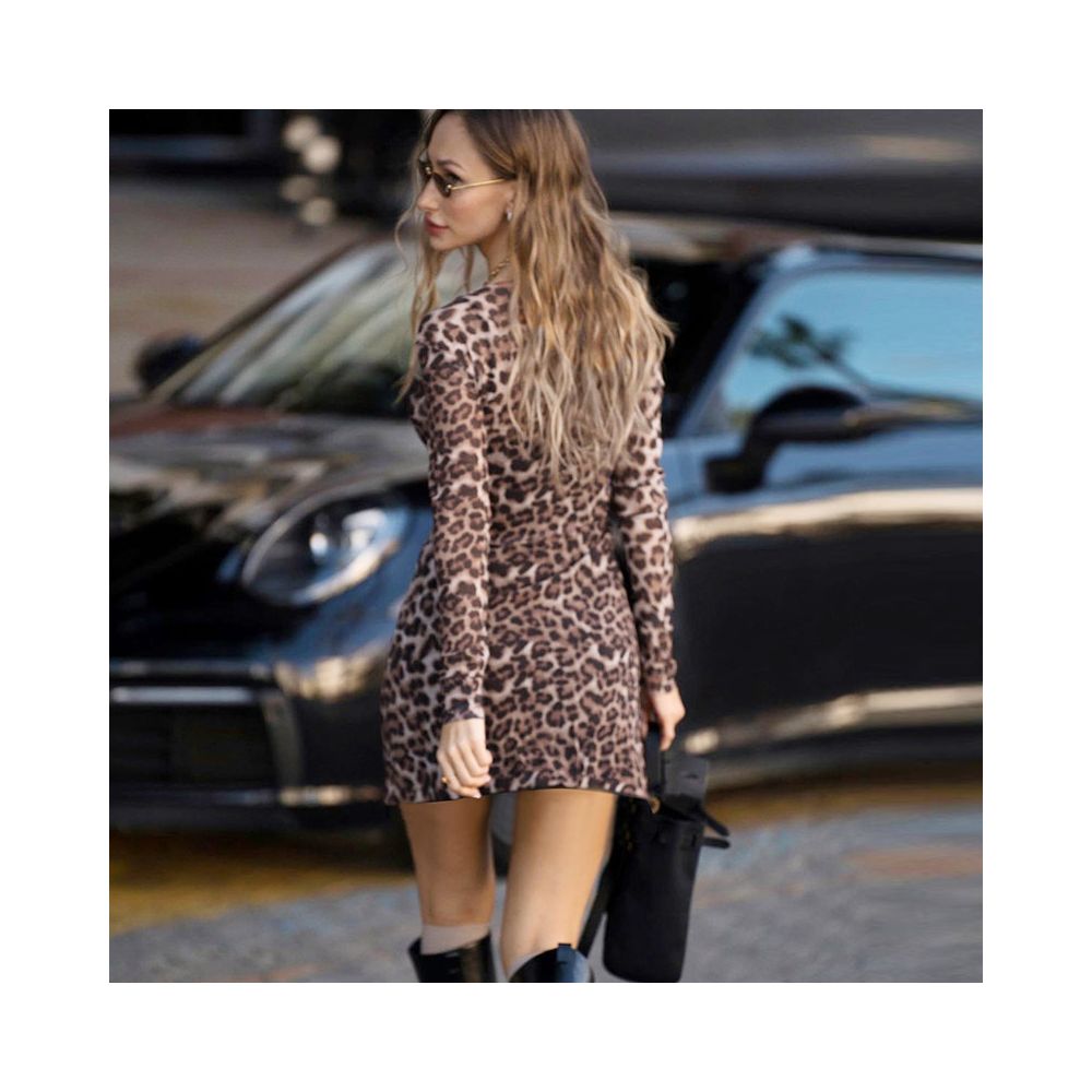 Shemoda pure desire to wear mesh leopard print round neck long sleeved dress with suspender skirt inside two piece set for women image 2