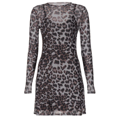 Shemoda pure desire to wear mesh leopard print round neck long sleeved dress with suspender skirt inside two piece set for women image 5