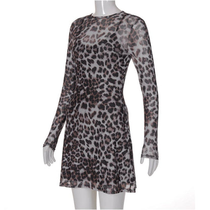 Shemoda pure desire to wear mesh leopard print round neck long sleeved dress with suspender skirt inside two piece set for women