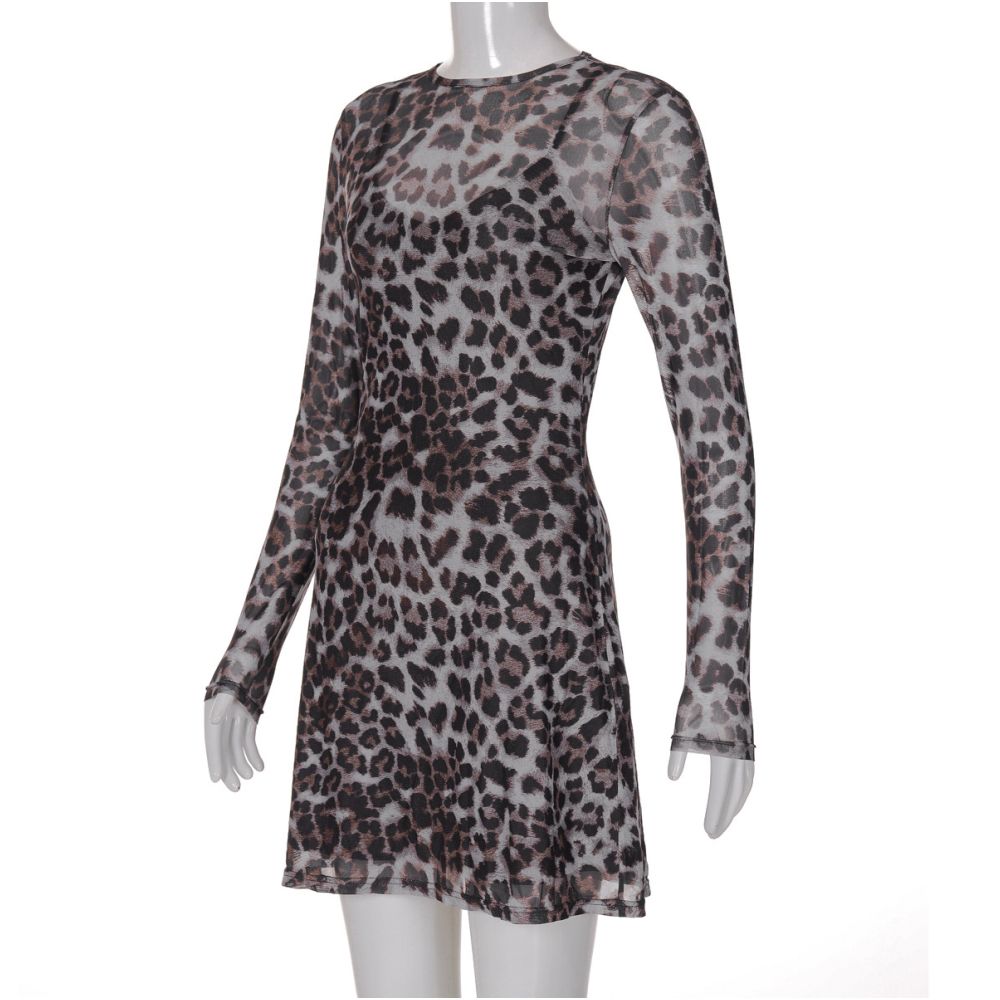 Shemoda pure desire to wear mesh leopard print round neck long sleeved dress with suspender skirt inside two piece set for women