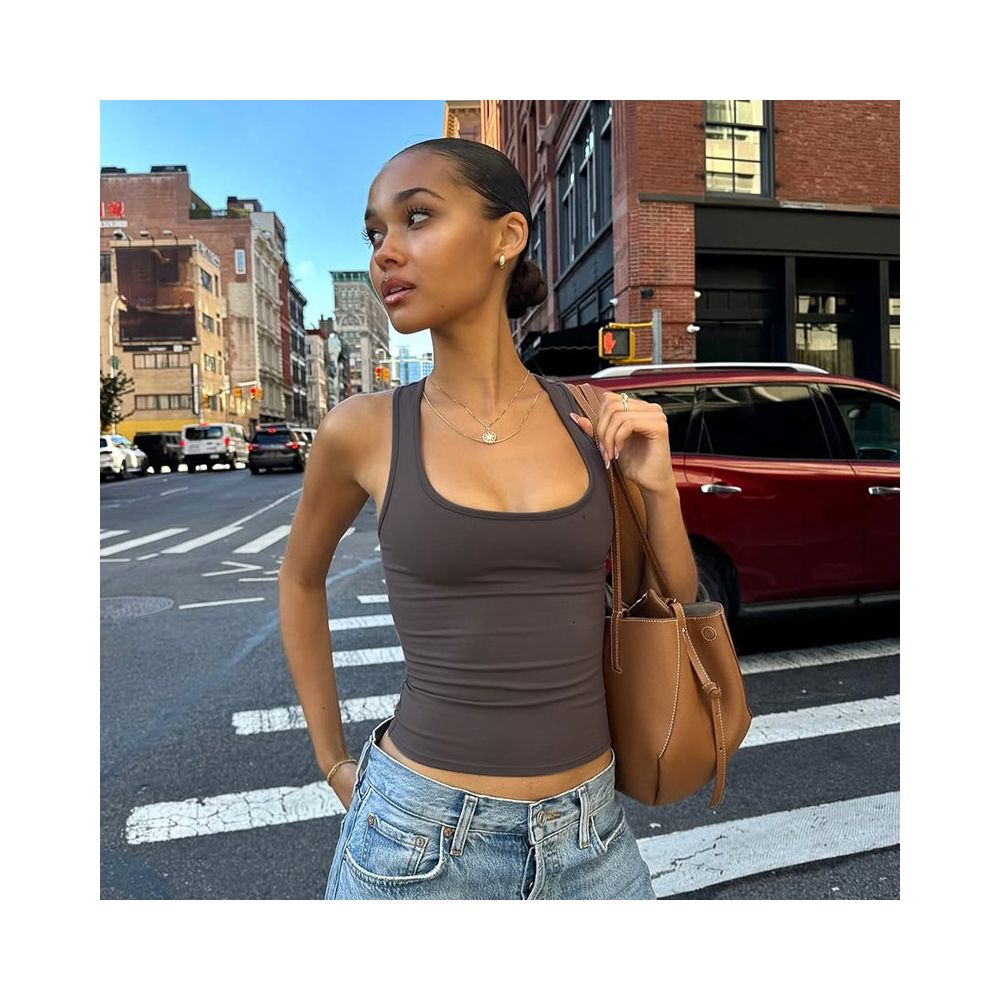 Shemoda summer basic casual sports versatile solid color elastic slim fit tank top spicy girl top female image 1