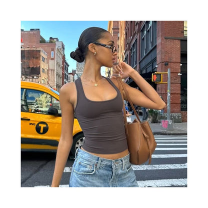 Shemoda summer basic casual sports versatile solid color elastic slim fit tank top spicy girl top female image 2