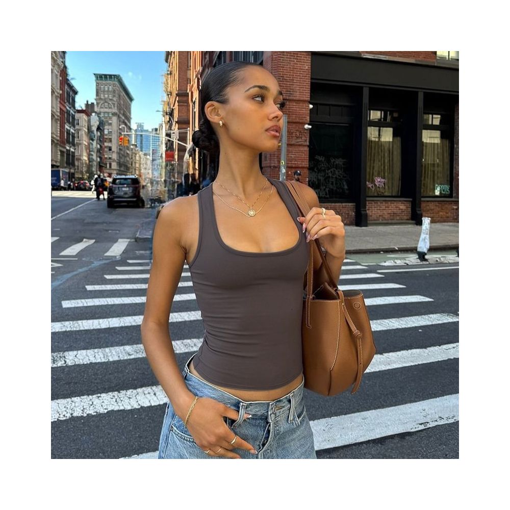 Shemoda summer basic casual sports versatile solid color elastic slim fit tank top spicy girl top female image 3