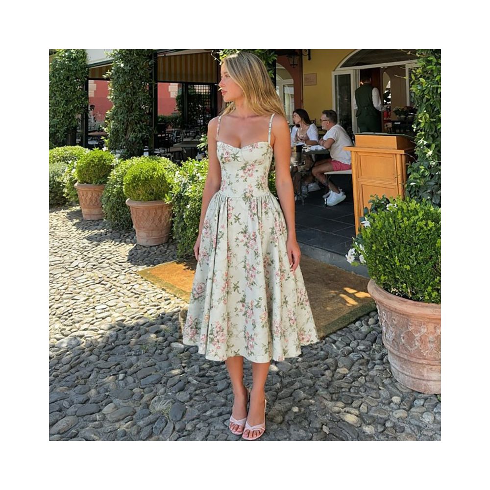 Shemoda French romantic floral suspender dress with adjustable shoulder straps for women high waist slim fit fluffy skirt image 2