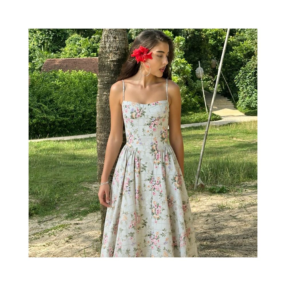 Shemoda French romantic floral suspender dress with adjustable shoulder straps for women high waist slim fit fluffy skirt image 3