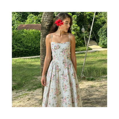 Shemoda French romantic floral suspender dress with adjustable shoulder straps for women high waist slim fit fluffy skirt image 3
