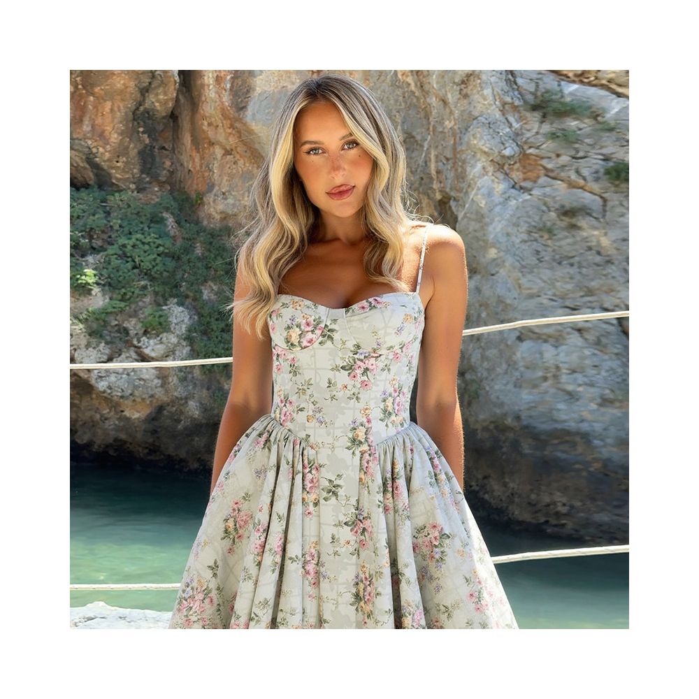 Shemoda French romantic floral suspender dress with adjustable shoulder straps for women high waist slim fit fluffy skirt image 4