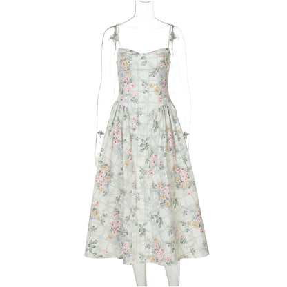 Shemoda French romantic floral suspender dress with adjustable shoulder straps for women high waist slim fit fluffy skirt