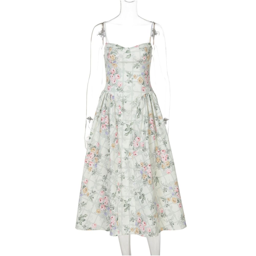 Shemoda French romantic floral suspender dress with adjustable shoulder straps for women high waist slim fit fluffy skirt
