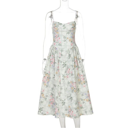 Shemoda French romantic floral suspender dress with adjustable shoulder straps for women high waist slim fit fluffy skirt