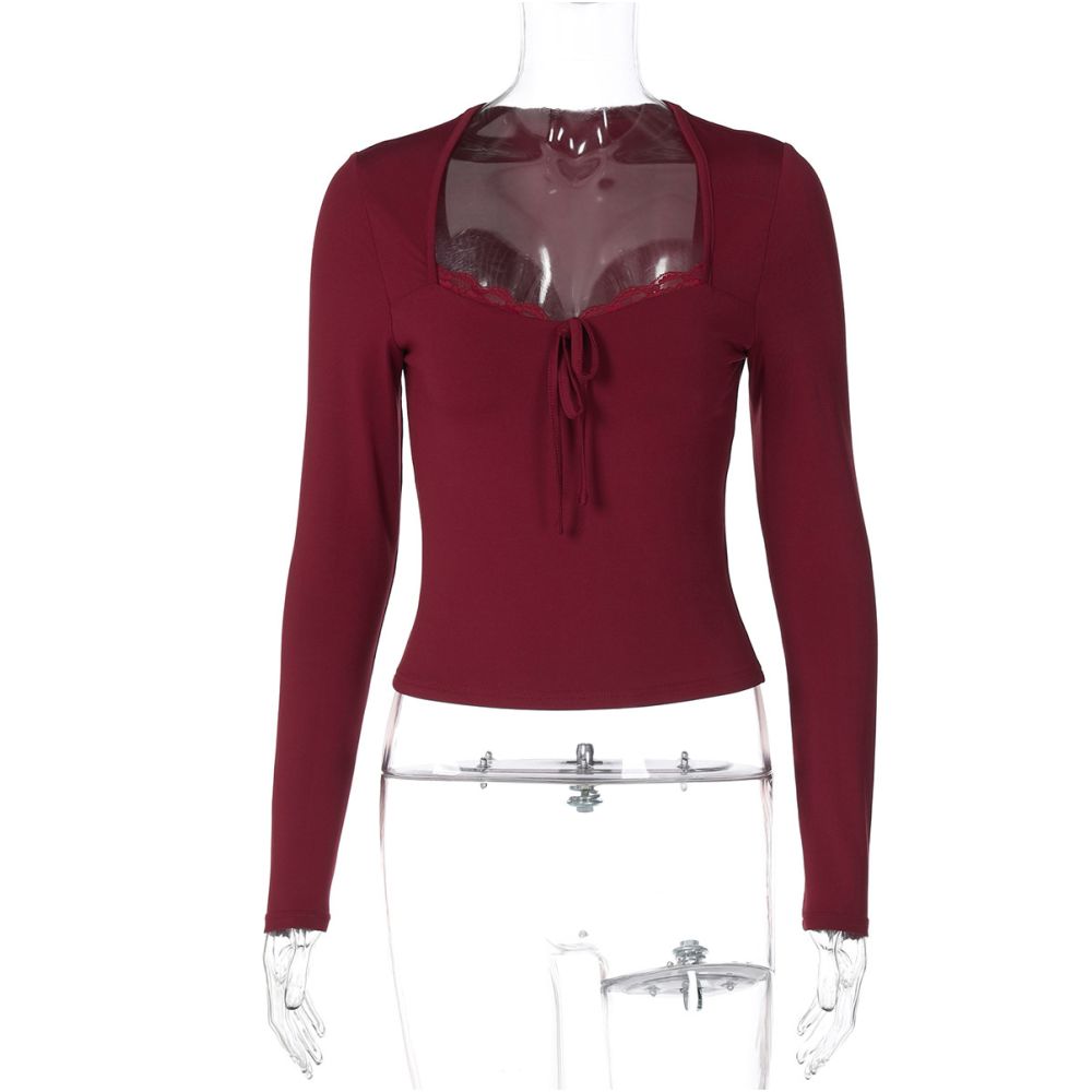 Shemoda Early Autumn Versatile Lace Splicing Square Collar Long Sleeve T shirt Women s Tether Tie Flower High Waist Slimming Bottom Top