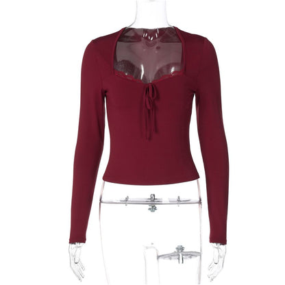 Shemoda Early Autumn Versatile Lace Splicing Square Collar Long Sleeve T shirt Women s Tether Tie Flower High Waist Slimming Bottom Top