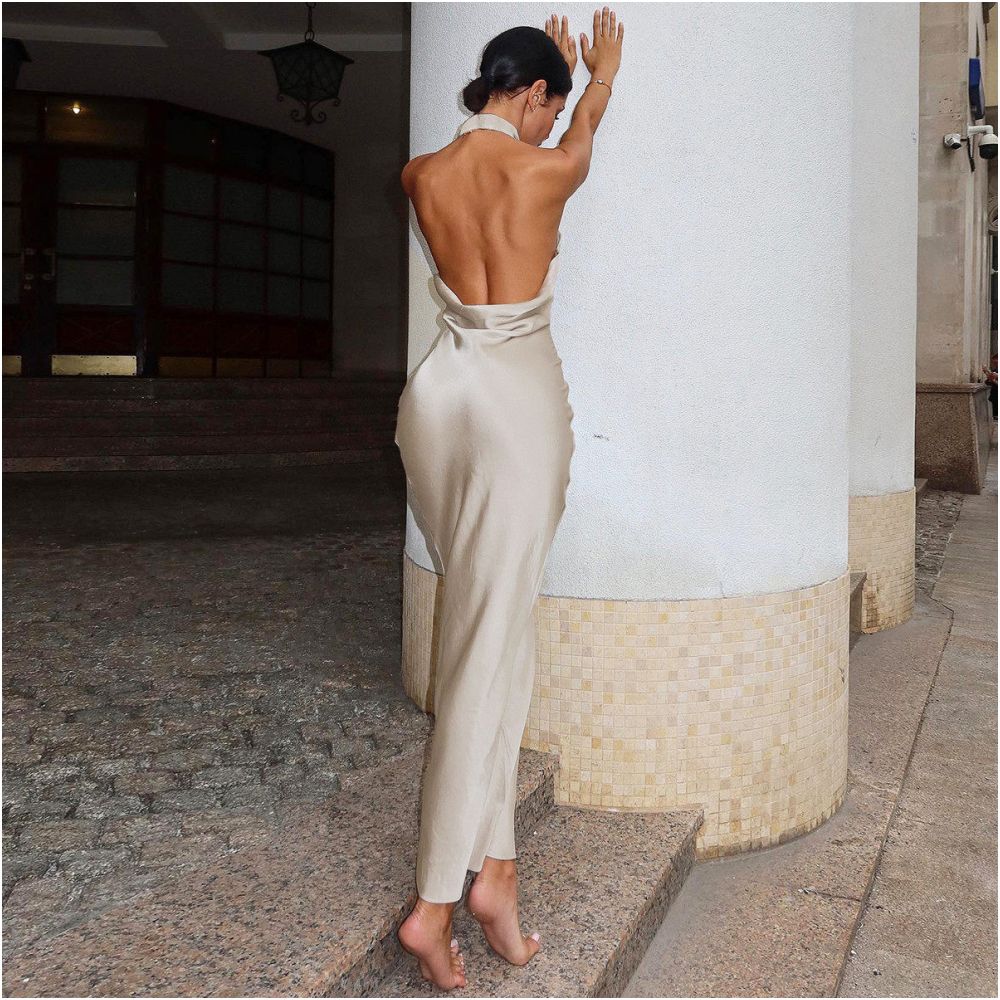 European and American style sexy hanging neck big backless sleeveless dress with women s pleats high waist slim fit hip hugging knee high long skirt image 2