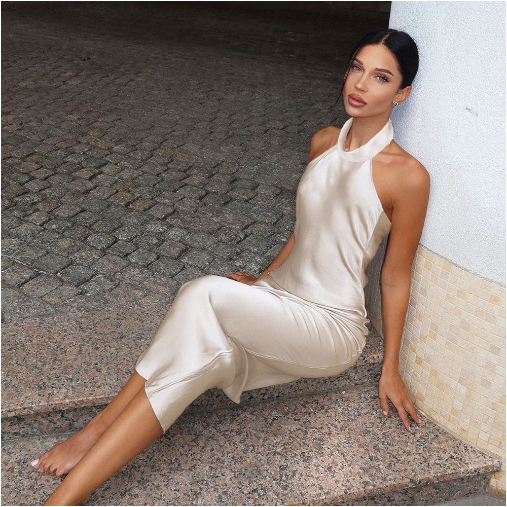 European and American style sexy hanging neck big backless sleeveless dress with women s pleats high waist slim fit hip hugging knee high long skirt image 4