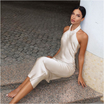 European and American style sexy hanging neck big backless sleeveless dress with women s pleats high waist slim fit hip hugging knee high long skirt image 4
