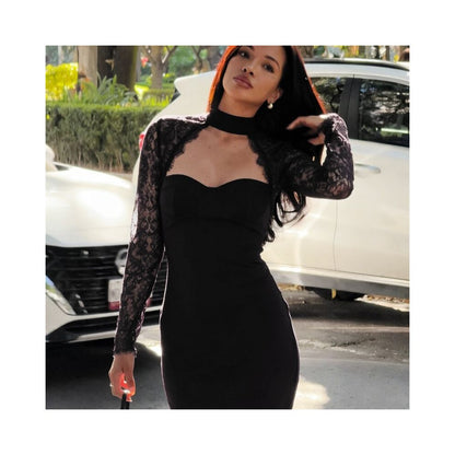 Shemoda sexy purple lace trimmed long sleeved halter neck dress with zipper slim fit elegant long skirt image 3