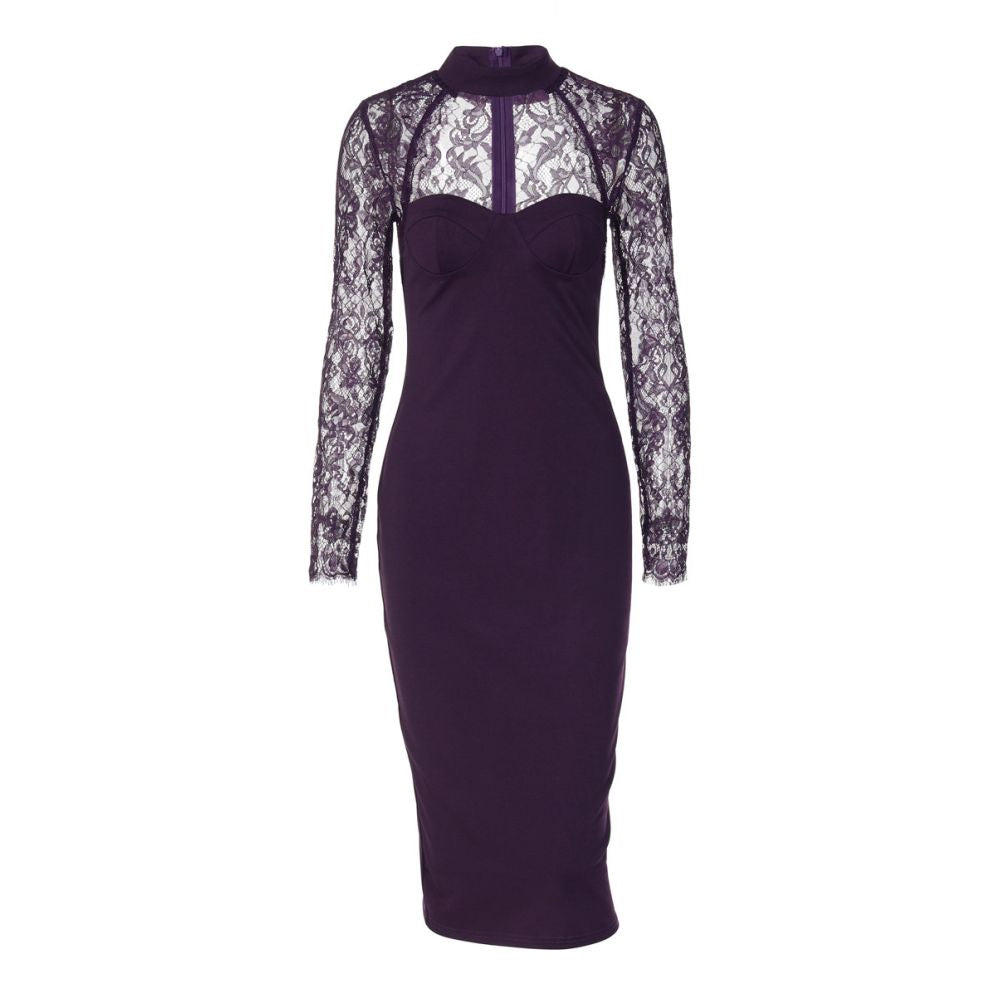 Shemoda sexy purple lace trimmed long sleeved halter neck dress with zipper slim fit elegant long skirt image 5