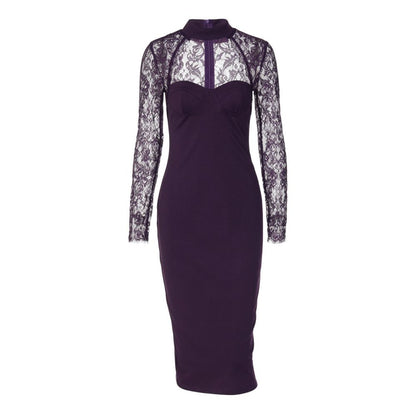Shemoda sexy purple lace trimmed long sleeved halter neck dress with zipper slim fit elegant long skirt image 5