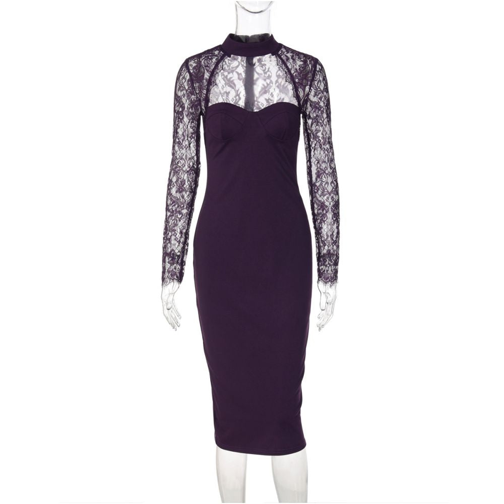 Shemoda sexy purple lace trimmed long sleeved halter neck dress with zipper slim fit elegant long skirt