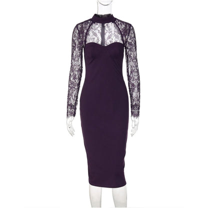 Shemoda sexy purple lace trimmed long sleeved halter neck dress with zipper slim fit elegant long skirt