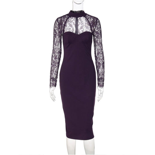 Shemoda sexy purple lace trimmed long sleeved halter neck dress with zipper slim fit elegant long skirt