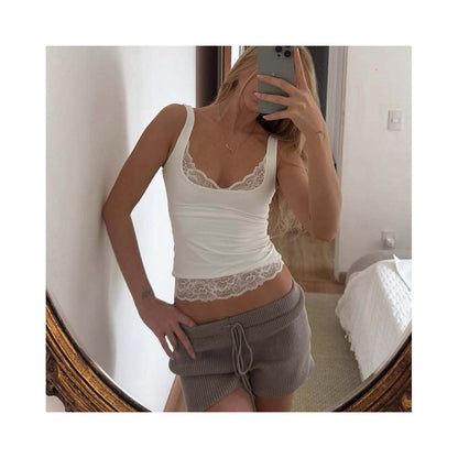 Shemoda European and American style sexy lace patchwork square neck tank top women s versatile slim fit spicy girl base top image 0