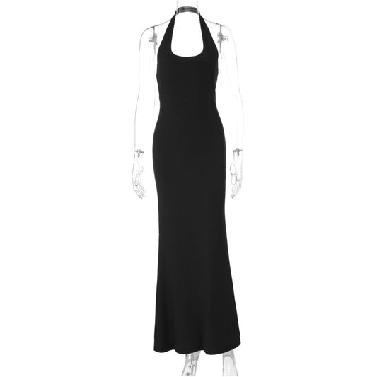 Shemoda European and American Instagram style sexy big backless round neck hanging neck dress for women s summer elastic slim fit long skirt