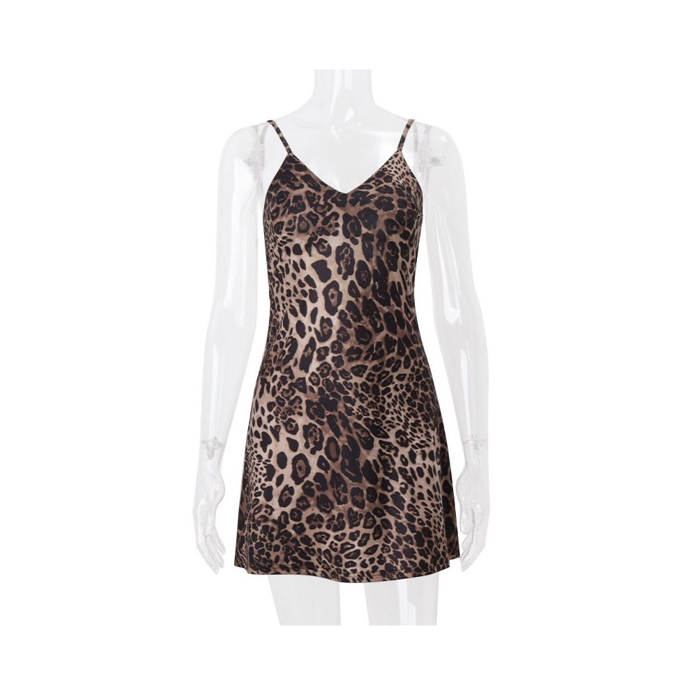 Transitional sexy American fashion leopard print V neck sexy short skirt with exposed back and waist suspender dress women s A line skirt looks slim