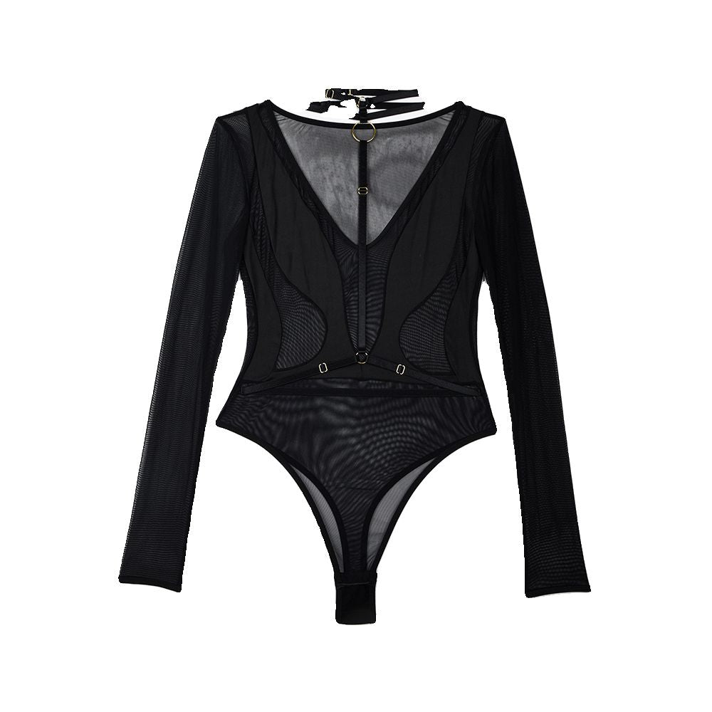 Transitional sexy halter neck backless halter neck tied up clothes bottom layer long sleeved jumpsuit one piece jumpsuit image 5