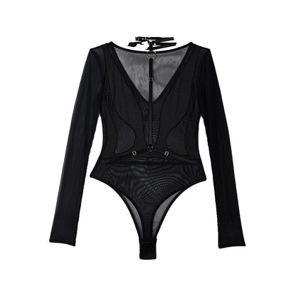 Transitional sexy halter neck backless halter neck tied up clothes bottom layer long sleeved jumpsuit one piece jumpsuit image 5