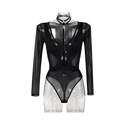 Transitional sexy halter neck backless halter neck tied up clothes bottom layer long sleeved jumpsuit one piece jumpsuit