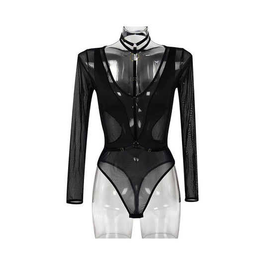 Transitional sexy halter neck backless halter neck tied up clothes bottom layer long sleeved jumpsuit one piece jumpsuit