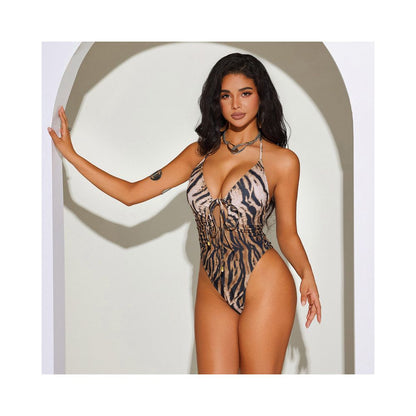 Leopard print strap design bikini swimsuit women s triangle high slit one piece fine gear 2025 new model image 3