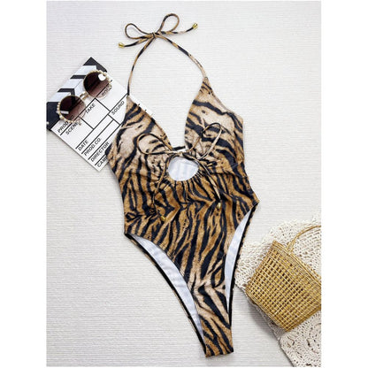 Leopard print strap design bikini swimsuit women s triangle high slit one piece fine gear 2025 new model