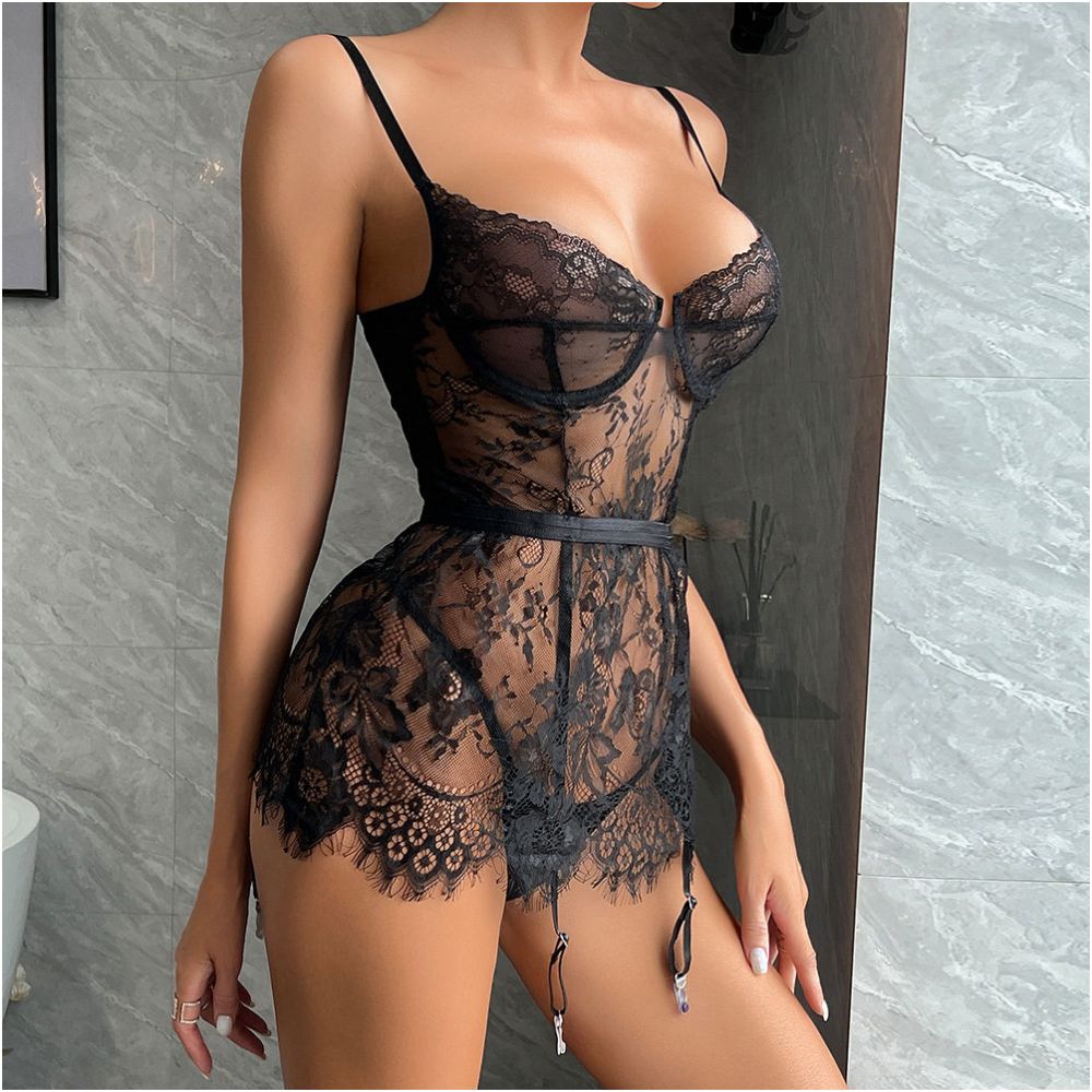 Transitional Sexy ZONE White Black Transparent Home Lace Strap Skirt Theme Party Concert Dress image 2