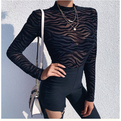 European and American Ins new semi high neck see through sexy black slim fit versatile long sleeved T shirt mesh thin base shirt for women image 2