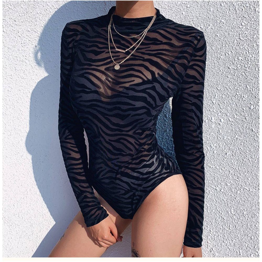 European and American Ins new semi high neck see through sexy black slim fit versatile long sleeved T shirt mesh thin base shirt for women image 3