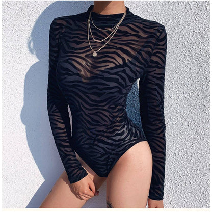 European and American Ins new semi high neck see through sexy black slim fit versatile long sleeved T shirt mesh thin base shirt for women image 3