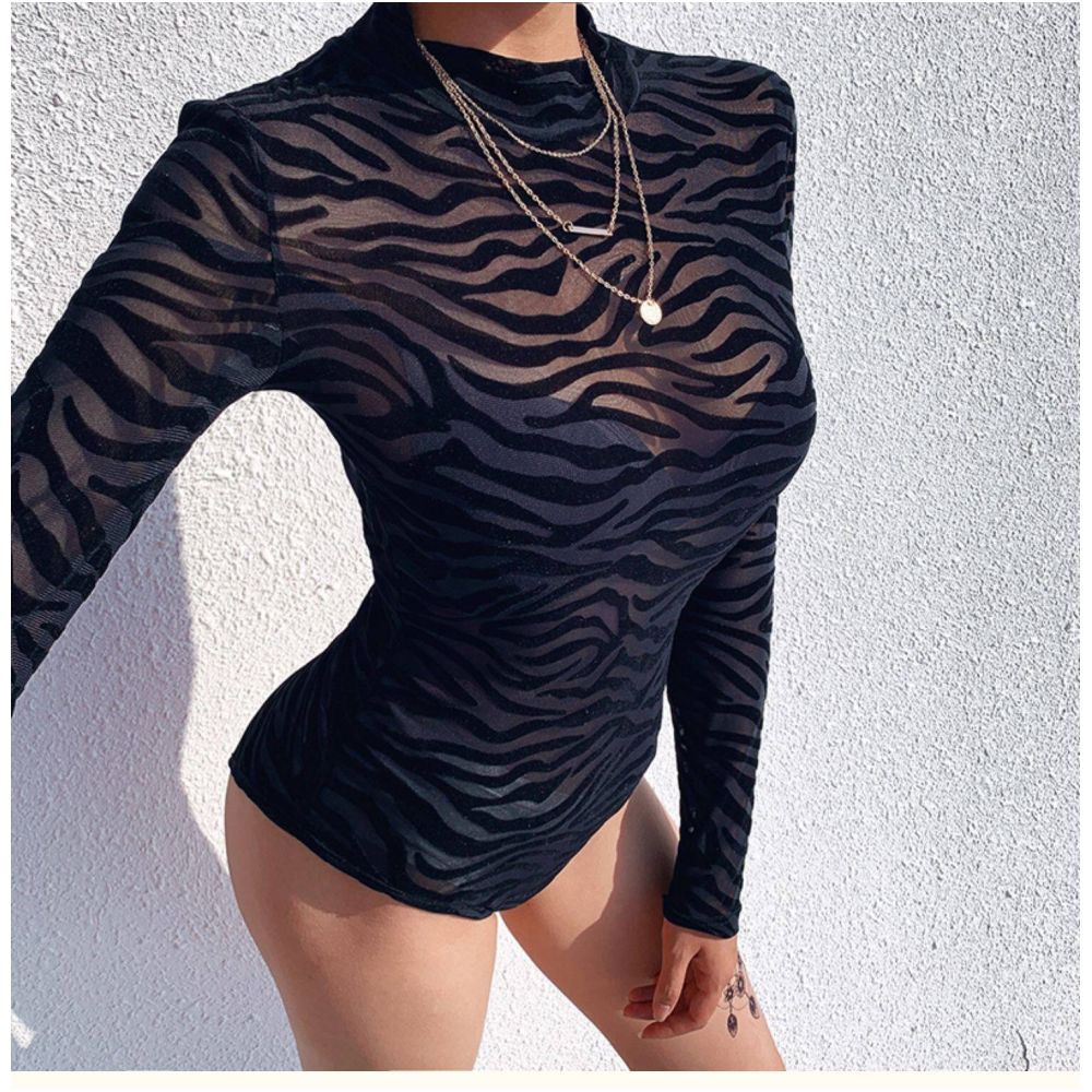 European and American Ins new semi high neck see through sexy black slim fit versatile long sleeved T shirt mesh thin base shirt for women image 4